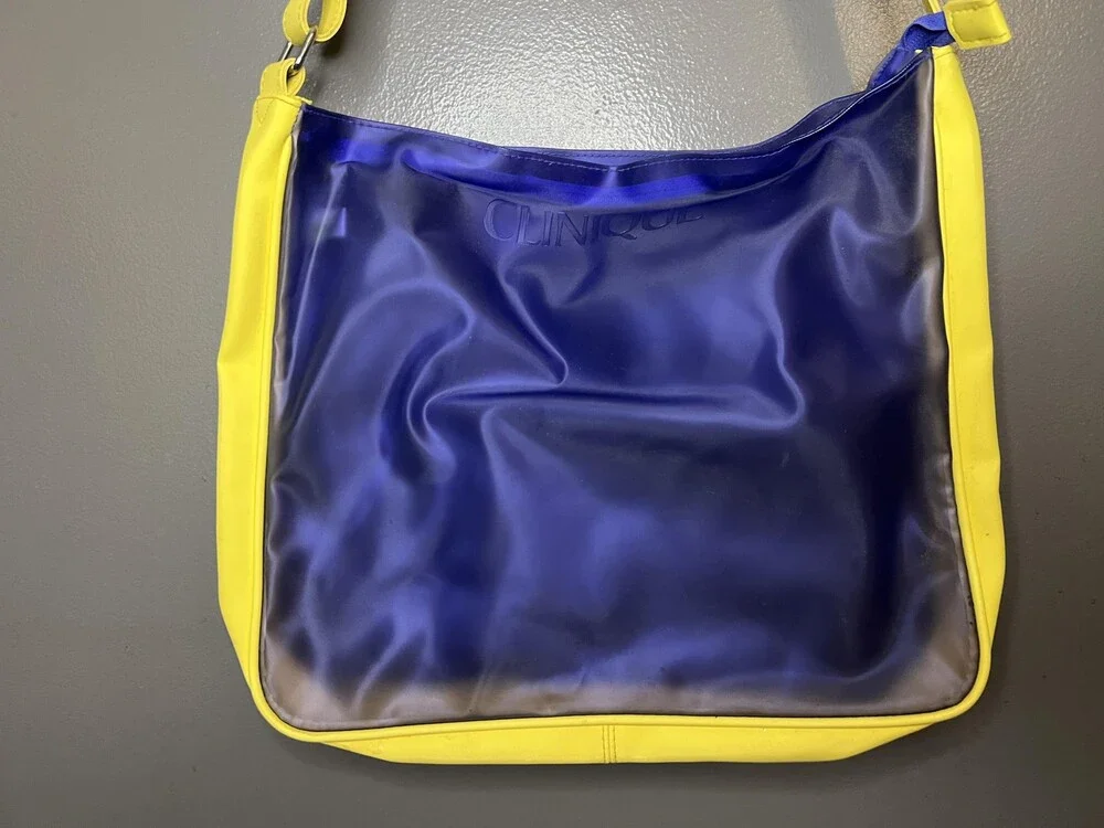 Clinique Shoulder Bag Womens One Size Yellow Blue Vinyl Tote Purse Logo Cosmetic